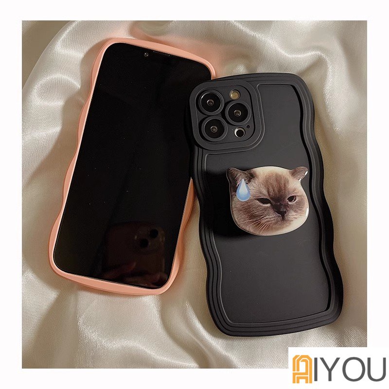 Casing Silikon Cair Lembut Gelombang Keriting Untuk iPhone 14 Pro Max13 12 Mini 11 Pro X XR XS Max7 8 Plus Cover Perlindungan Lensa INS Korea Lucu 3D Kucing Lucu Stand Griptok Support