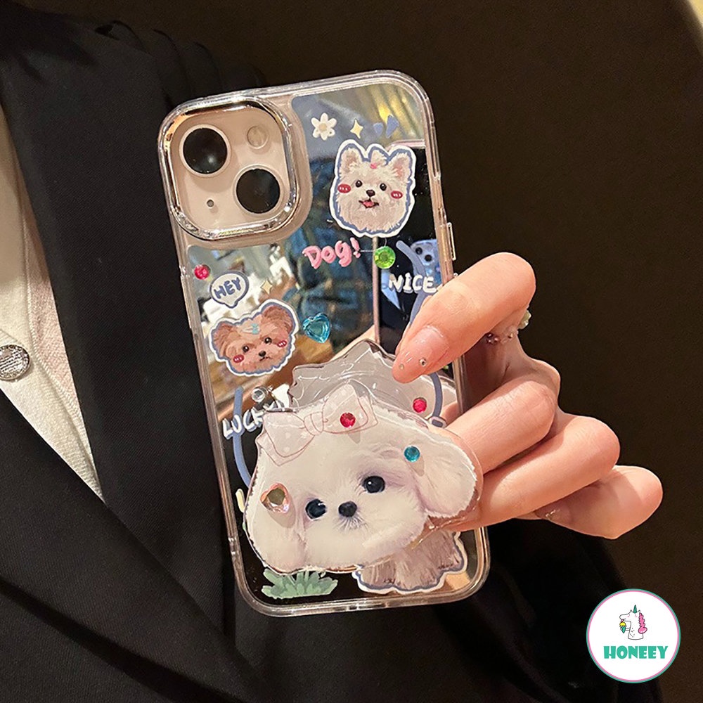 IPHONE Casing Ponsel Cermin Puppy Bunga Lucu Kompatibel Untuk Iphone11 12 13 14 Pro Max Shockproof Handphone Back Cover