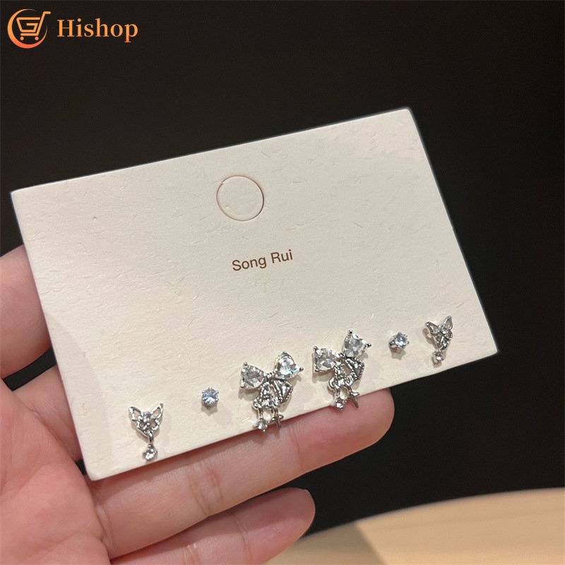6pcs/set Bow Butterfly Stud Earring Set Anting Perak Kristal Mewah Untuk Aksesoris Perhiasan Wanita