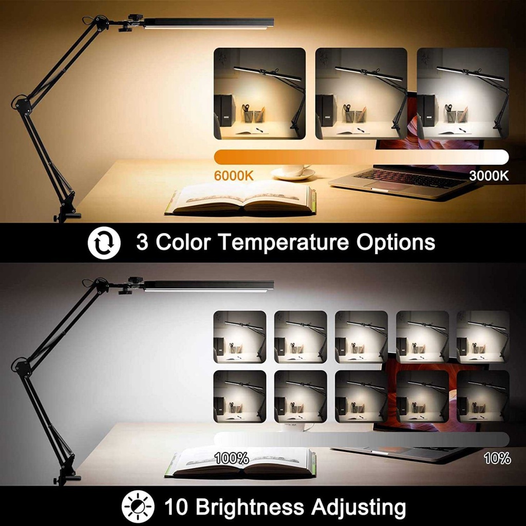 Lampu Meja LED Clamp 2 Kepala Adjustable Fleksibel Desk Lamp 3 Color