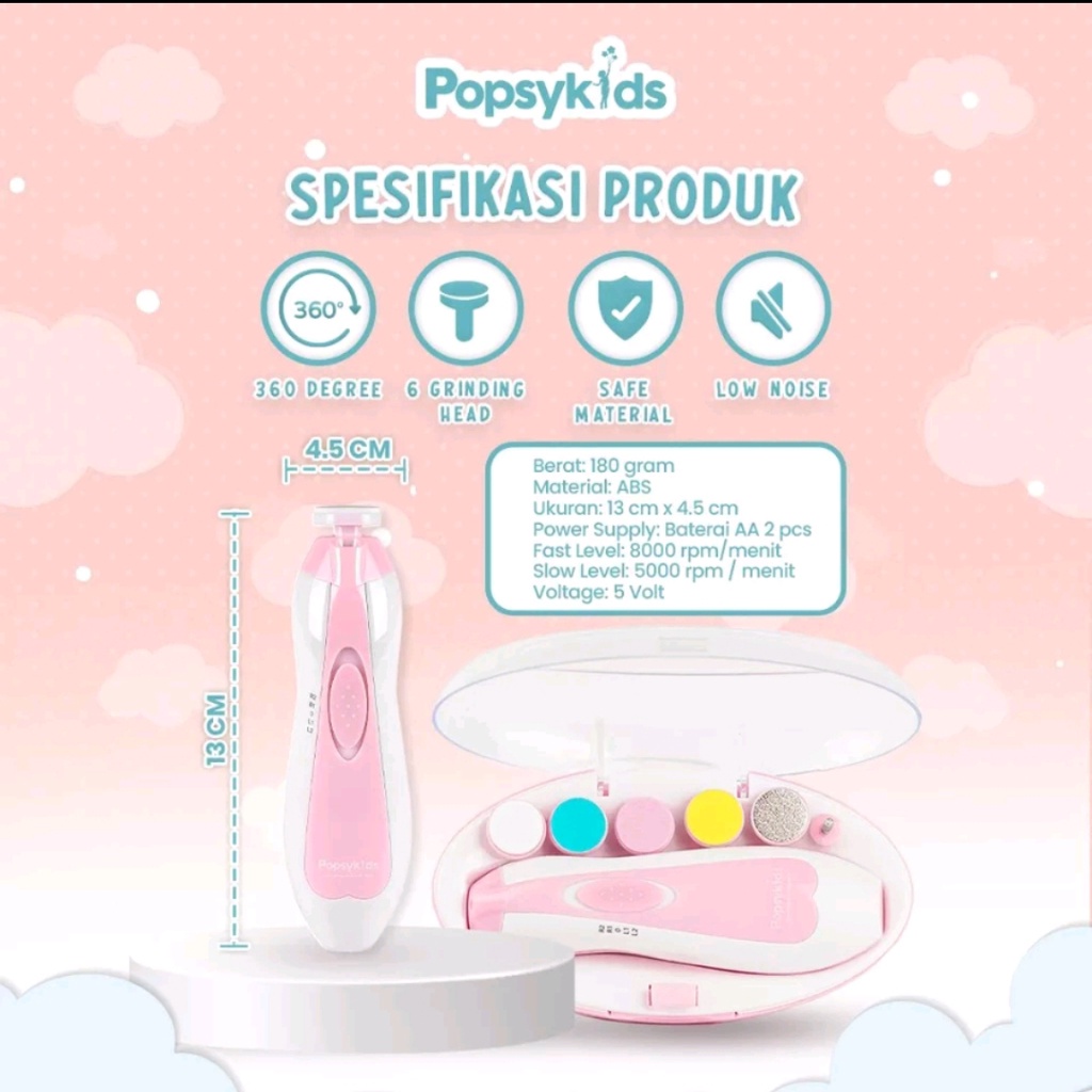 Popsykids Baby Nail Trimmer - Gunting / Pengikir / Pemotong Kuku Bayi Elektrik 6in1 LED