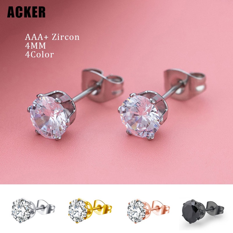 [ACKER] 4mm 1pasang Anting Tusuk Cubic Zirconia Titanium Stainless Diamond AAA+Zircon Untuk Wanita /Pria