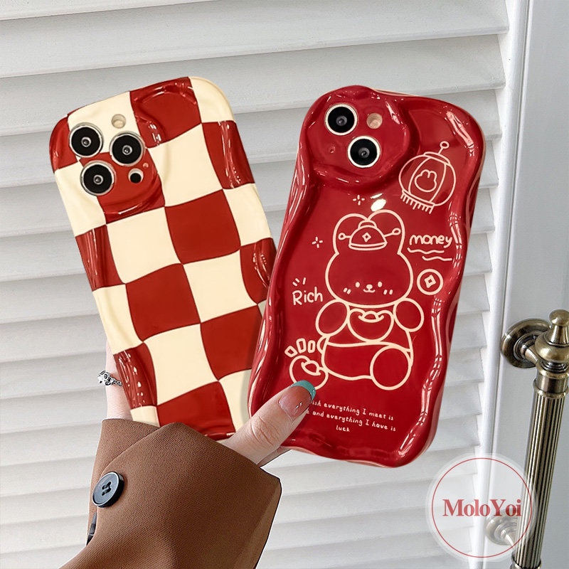 Soft Case 3D Wavy Curved Edge Kompatibel Untuk IPhone XR XS X Max11 14 13 12 Pro Max8 6s 6 7 Plus SE 2020 Checkerboard Kartun Merah Perayaan Tahun Baru Kelinci Lucu Cover