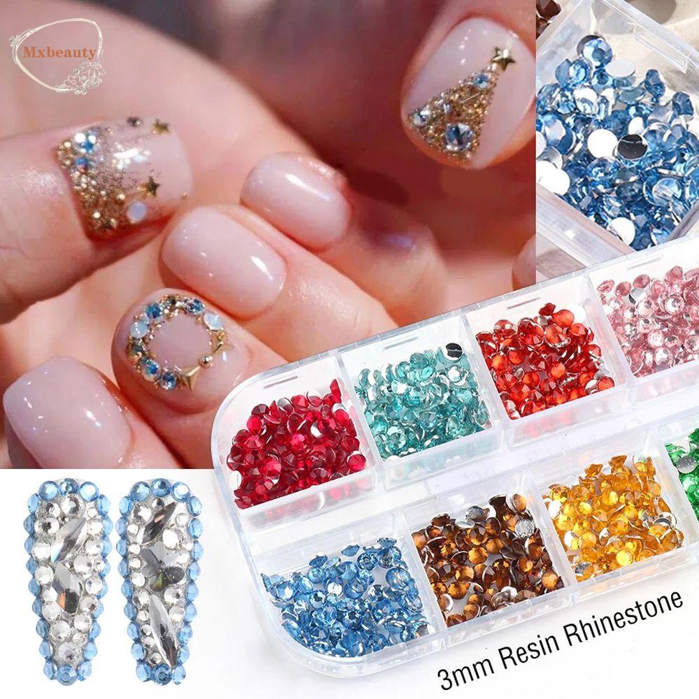 Mxbeauty Kuku Berlian Imitasi Dengan Pinset Set 3mm Warna-Warni Resin Manicure Aksesoris Flatback Phone Case Decor DIY Ornamen 3D Nail Art Dekorasi