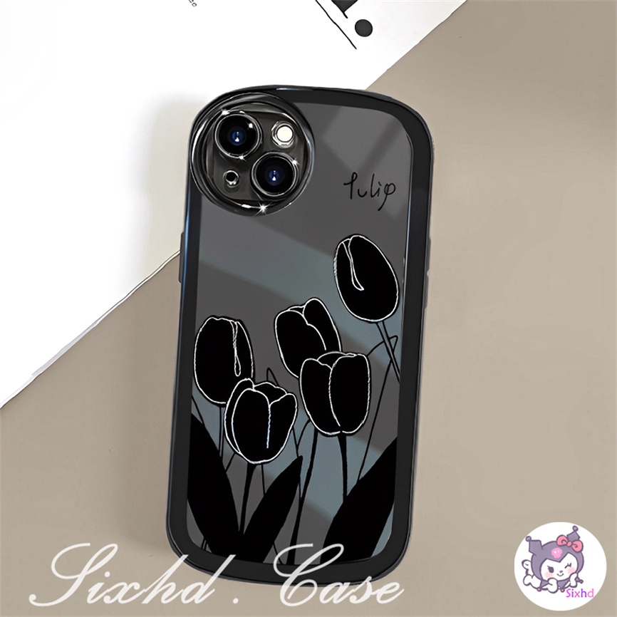 IPHONE Kompatibel Untuk Iphone8 7Plus X Xs Xr Untuk Iphone11 14 13 12 Pro Max SE 2020 Xs Max Fashion Tulip Hitam Silikon Oval Kamera Ponsel Case Soft Cover