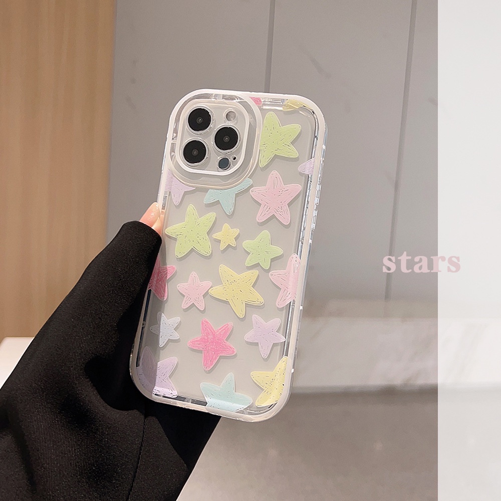 IPHONE Warna Macaron Gambar Tangan Doodle Bintang Transparan Shockproof Casing Ponsel Cover Untuk Iphone11 12 13 14 PLUS PRO MAX