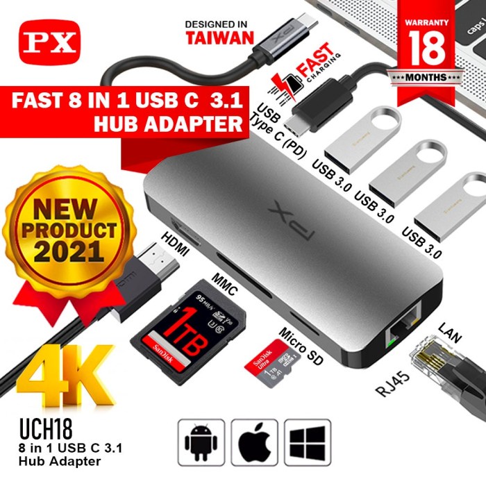 PX UCH18 Converter Hub Adapter 8 in 1 4K USB Type C 3.1 USB HDMI Jogja