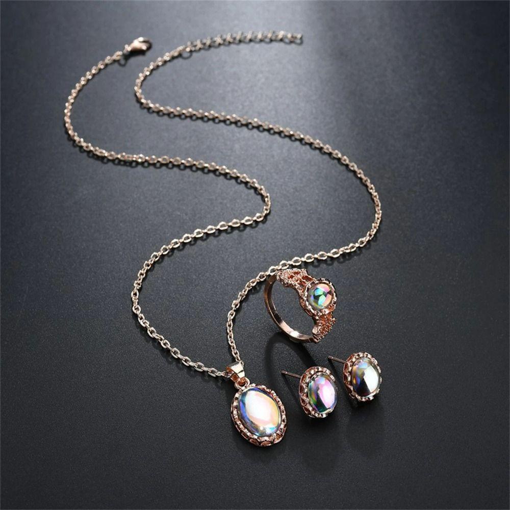 Needway   Opal Set Perhiasan Pernikahan Elegan Cheongsam Kepribadian Rantai Leher Temperamen Wanita Kalung Cincin Set