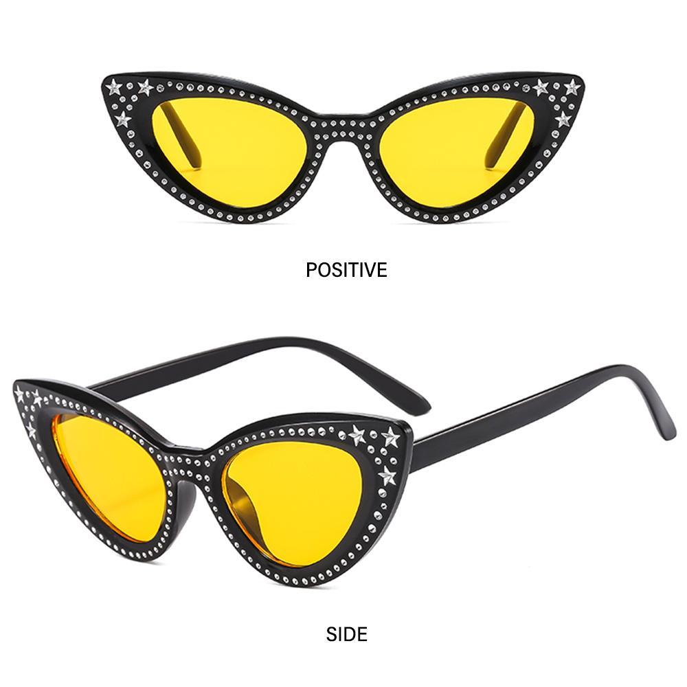 R-flower Cat Eye Kacamata Hitam Untuk Wanita Mewah Y2K Eyewear Berlian Imitasi Bling Shades Black Sunglasses