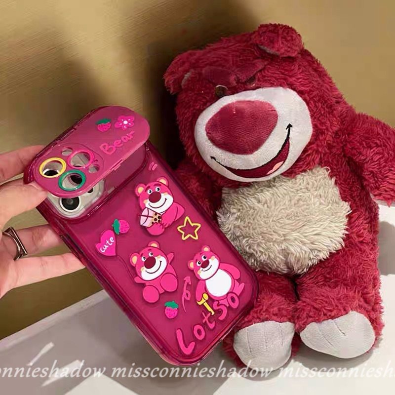 Kartun Strawberry Bear Lucu 3D Boneka Manyo Case Untuk OPPO A7 A9 A5 A15 A57 A5s A3s A31 A33 2020 A12 A53 A15s A12E A77 A77s A11K A11 A35 Lembut Kreatif Flip Make Up Cermin Penutup Belakang