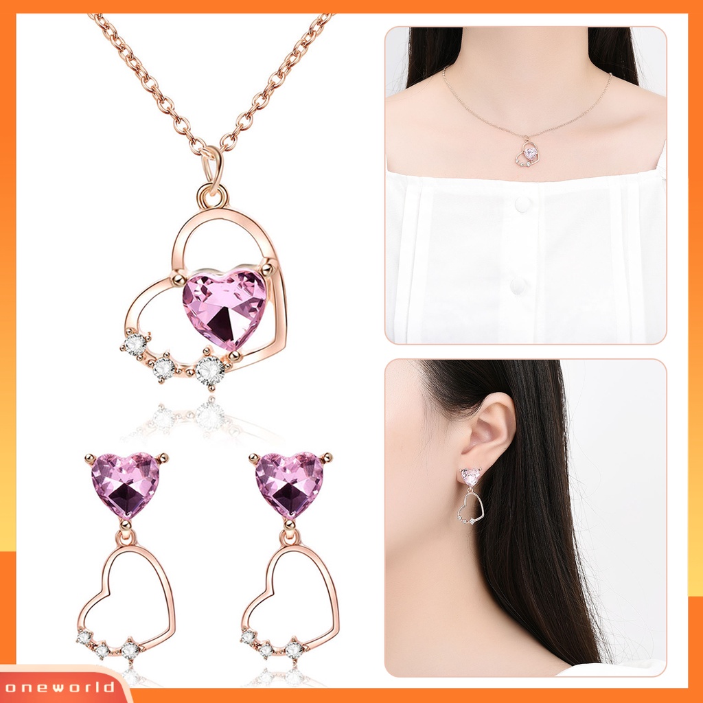 [ONE] 1set Perhiasan Aksesoris Liontin Hati Berlian Imitasi Mengkilap Kristal Imitasi Kalung Menjuntai Anting Set Perhiasan Wanita Aksesori
