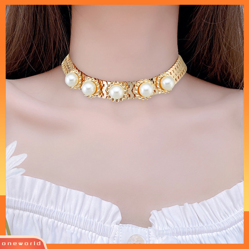 [ONE] Mutiara Imitasi Dekorasi Berlian Imitasi Wanita Kalung Alloy Adjustable Rantai Ular Kerah Kalung Perhiasan Aksesori