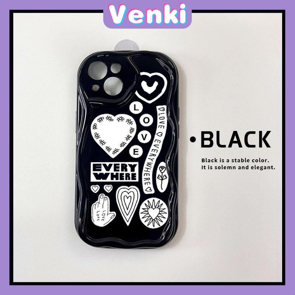 VENKI - Untuk iPhone 11 Case Curved Edge Wave Case Glossy Black TPU Airbag Shockproof Camera Case Surat Cinta Lucu Kompatibel dengan iPhone 14 13 Pro max 12 Pro Max xr xs 7Plus 8Plus