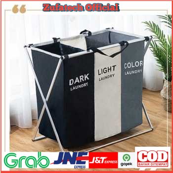 X Shape Keranjang Penyimpanan Pakaian Kotor Three Grid Laundry Basket Large - Black/Gray - 7RHA5HKY