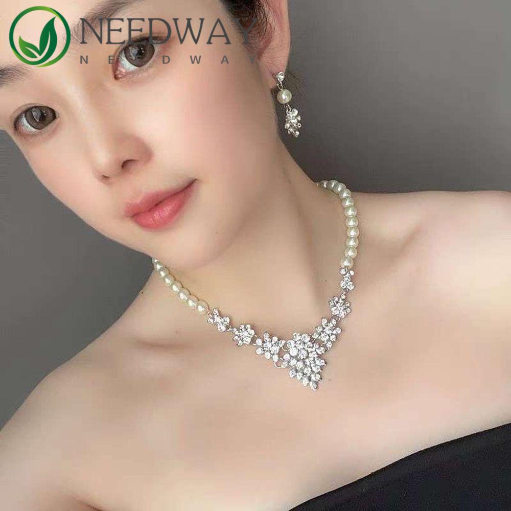 Needway  Set Perhiasan Pernikahan Pengantin Indah Mutiara Halus Berlian Imitasi Alloy Vintage Menjuntai Anting