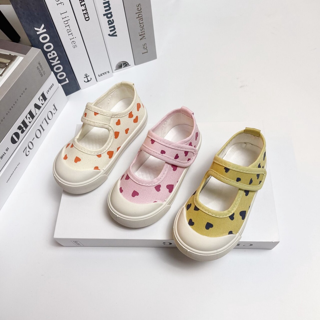 [TERBARU] Children Casual Shoes for Girls Pink Love Prints Versatile Hook & Loop Japanese Style 2023