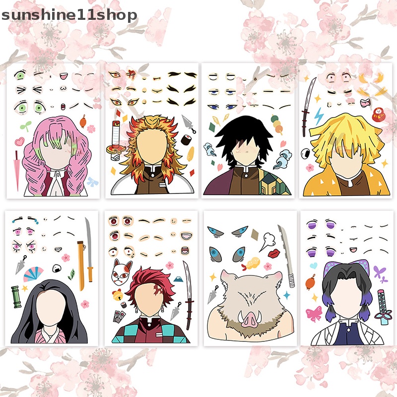 Sho 8PCS Anak DIY Puzzle Stiker Demon Slayer Wajah Lucu Merakit Anime Kreatif Tahan Air Stiker Mainan Anak Cowok Cewek Hadiah N