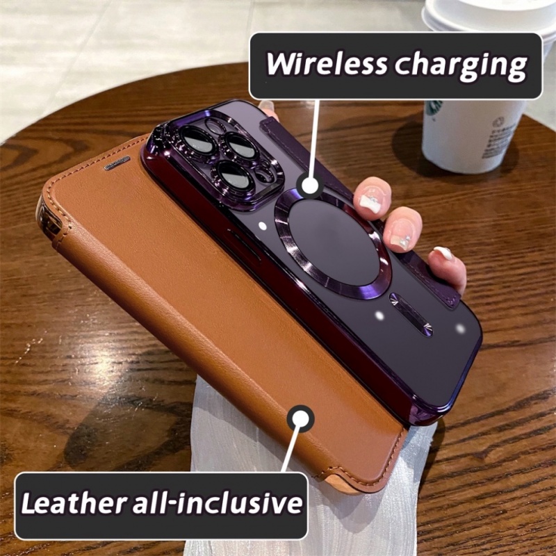 Flap Leather Magnetic Wireless Charging Cover Phone Case Untuk Iphone14 13 12 11 Pro Max