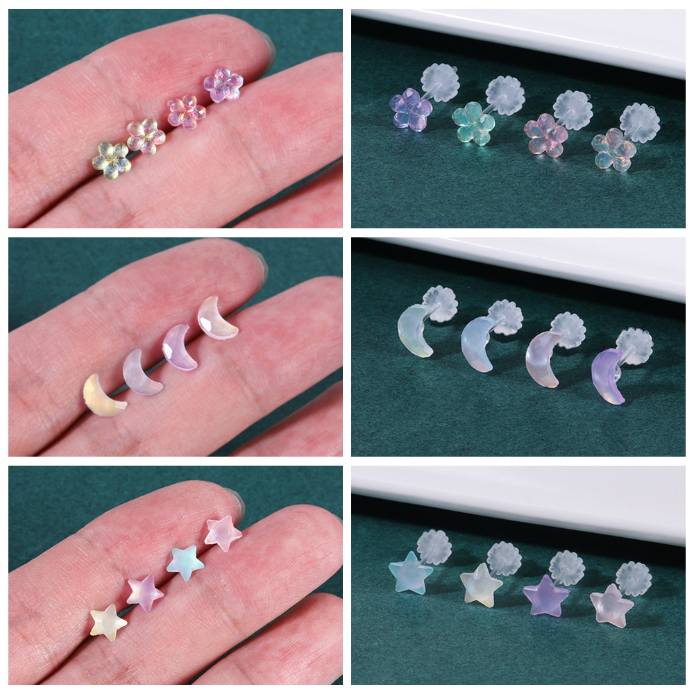 6-10 Pcs Invisible Resin Bow Tie Stud Earrings Set Bunga Mencegah Alergi Tulang Rawan Anting Bulan Bintang Beruang Kecil Telinga Studs