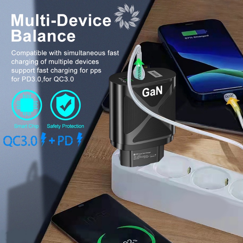 65w EU/US GaN389 Rumah Kantor Perjalanan Universal Indah PD+QC3.0 USB Adaptor Ditingkatkan Pengisian Cepat Portabel Charger Ponsel