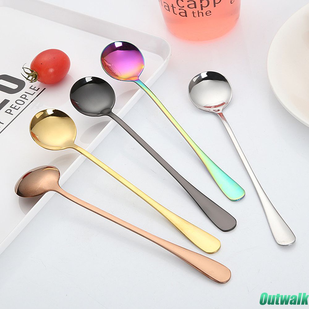 Spoon Warna-warni Gagang Panjang Sendok Teh Baja Nirkarat Mengaduk Sendok Bulat Kopi Mengaduk Sendok Makan Es Krim Makanan Penutup Sendok Aksesoris Dapur