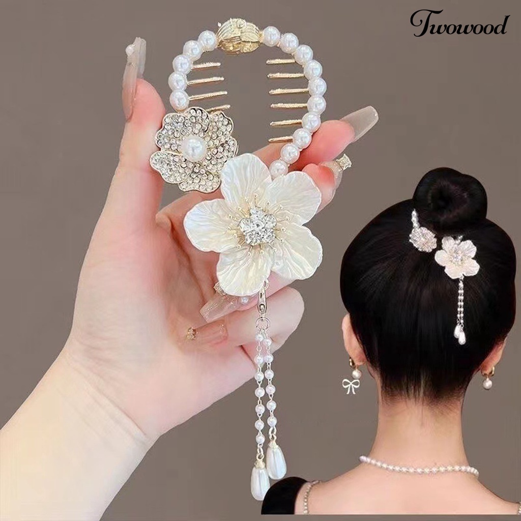 Twowood Ponytail Hair Clip Green Leaf Flower Jumbai Mutiara Imitasi Elegan Gaya Cina Aksesoris Rambut Berlian Imitasi Bertatahkan Wanita Hair Bun Claw Clip Pakaian Sehari-Hari