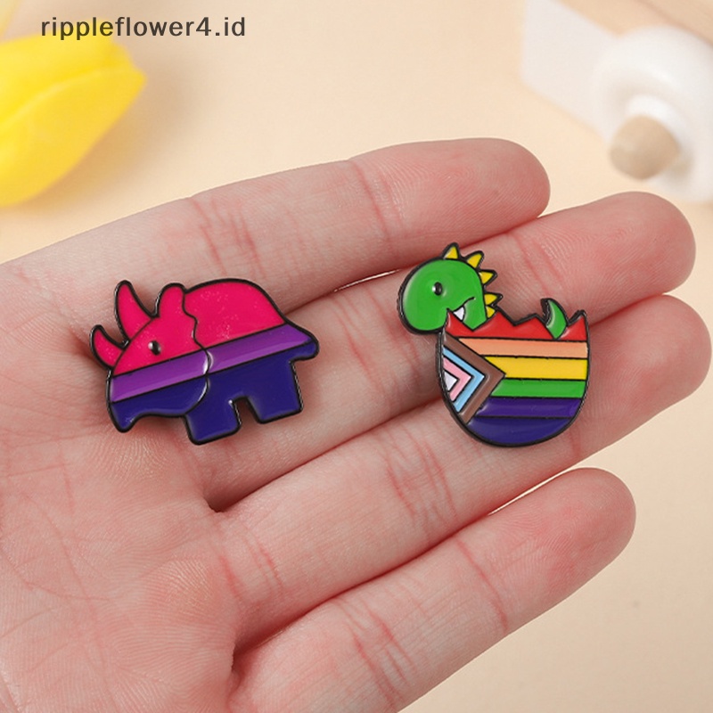 {rippleflower4.id} Hujan Dinosaurus Enamel Pin Custom Rhino Bros Kerah Lencana Kartun Hewan Bergaris Perhiasan Hadiah Untuk Teman Anak-Anak~