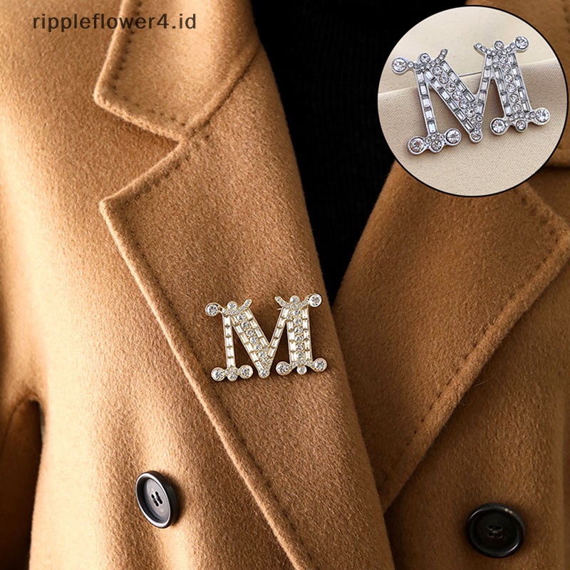 {rippleflower4.id} Fashion Kristal Zirkon M-Huruf Bros Pin Untuk Ransel Kerah Lapel Pin Aksesoris Perhiasan Pesta~