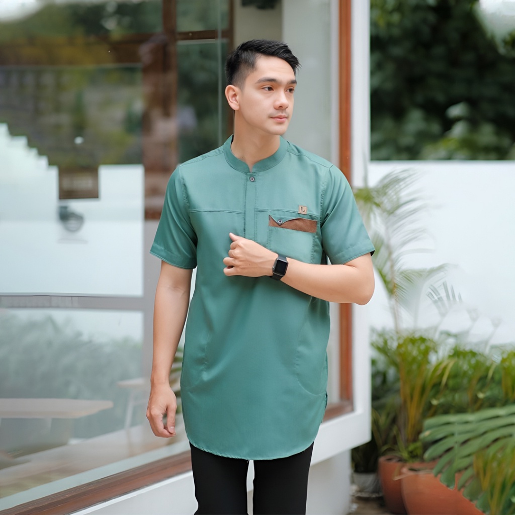 Baju Koko Kurta Muslim Pria dengan Model Lengan Pendek Terbaru dan Terpopuler Ijo Hijau Wardah