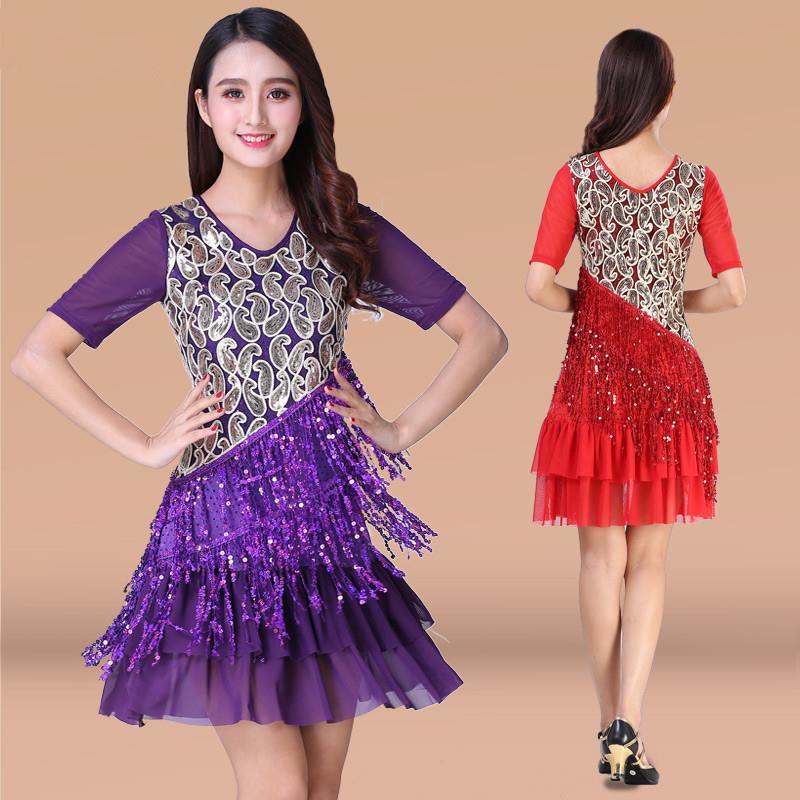 Tarian Latin Sexy Dress Square Dance Dress Sequins Tassel Dance Performance Competition Dress