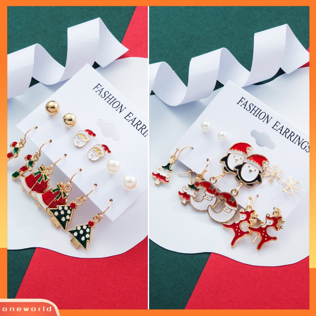 [WOD] 6pasang/set Anting Natal Meriah Enamel Geometris Mengkilap Electroplating Dekorasi Perhiasan Hadiah Pohon Xmas Elk Snowman Santa Claus Ear Studs Menjuntai Earrings