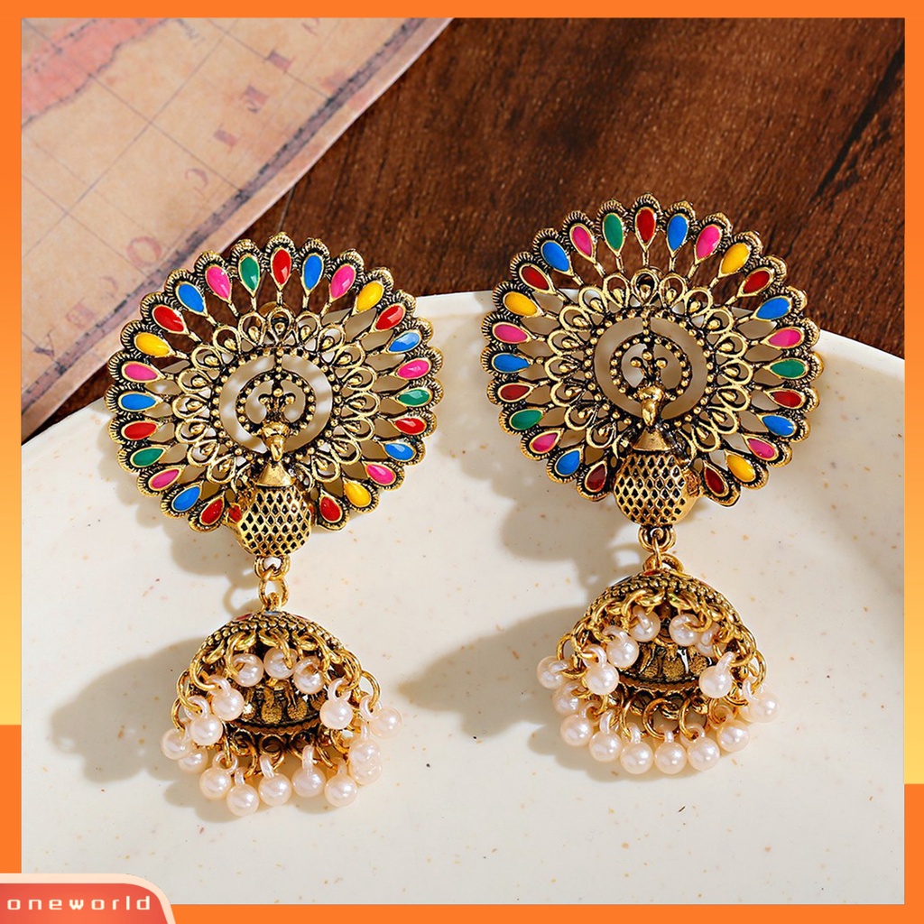 [WOD] 2pcs Anting Menjuntai Gaya India Bell Rumbai Mutiara Imitasi Warna-Warni Geometris Hias Hadiah Wanita Merak Liontin Anting Fashion Perhiasan Untuk Pakaian Sehari-Hari