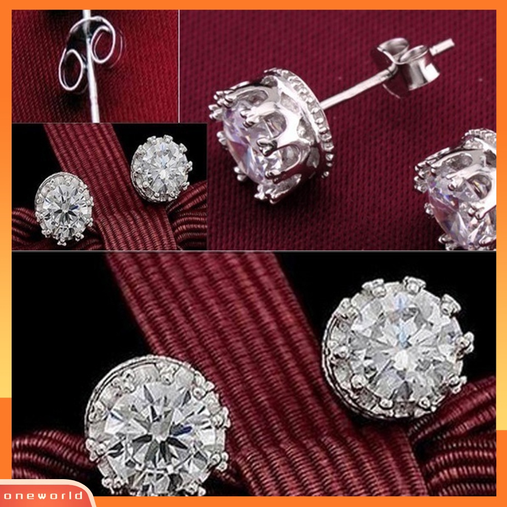 [WOD] Fashion Wanita Bulat Cubic Zirconia Ukir Mahkota Telinga Stud Earrings Perhiasan Hadiah