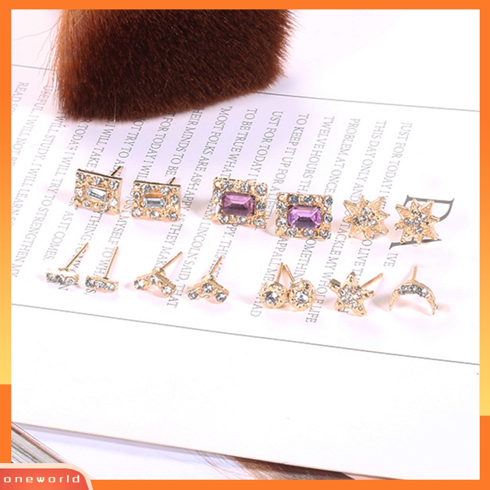 [WOD] 7pasang Matahari Bintang Bulan V-shaped Square Berlian Imitasi Stud Earrings Set Lady Jewelry