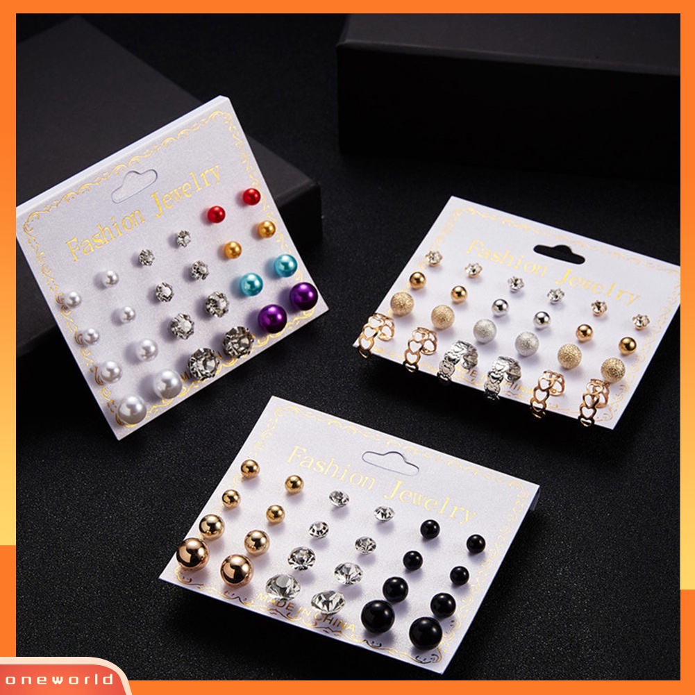 [WOD] 12pasang Fashion Wanita Zirkon Berlian Imitasi Mutiara Imitasi Hias Stud Earrings Jewelry