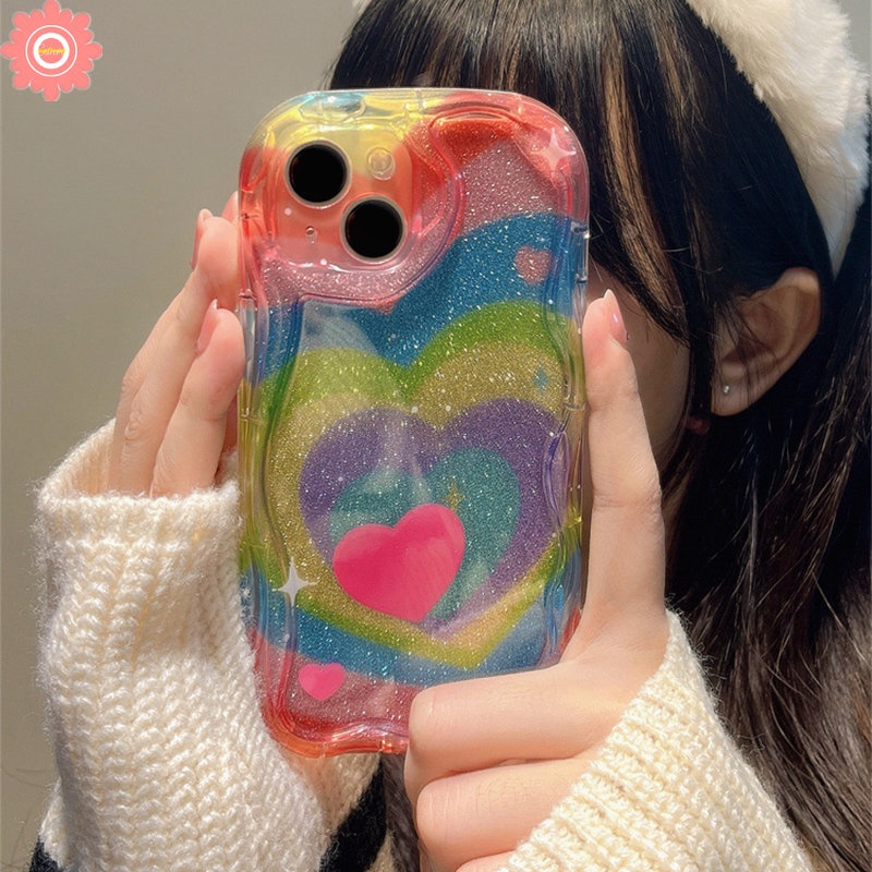 Casing Love Heart Pelangi Gradasi Untuk Redmi Note11 12 10 8 9 11s 10 Pro Max Redmi 9A A1 10 9T 9C 9 10A A2 10C 9C NFC POCO M3 3D Wavy Curved Edge Glossy Soft Cover