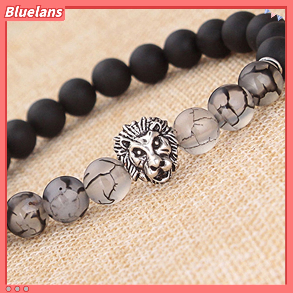 [BLS] Charm Gelang Elastis Adjustable Frosted Stone Silver Lion Beaded Cuff Bracelet Untuk Pakaian Sehari-Hari