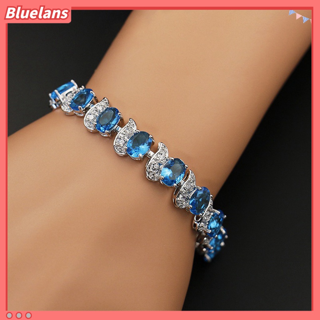 [BLS] Wanita Gelang Daun Pesona Elegan Klasik Adjustable Berlian Imitasi Biru Tertanam Ladies Bracelet Fashion Jewelry