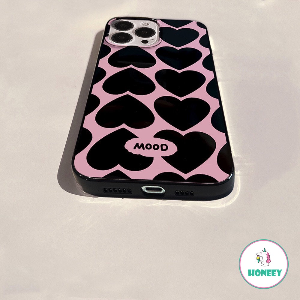 Korea Hitam Love Heart Phone Case Untuk iPhone 14 Pro 11 12 13 Pro Max Case Untuk iPhone XR XS 7 8plus Gadis Lucu Pink Sarung Hp