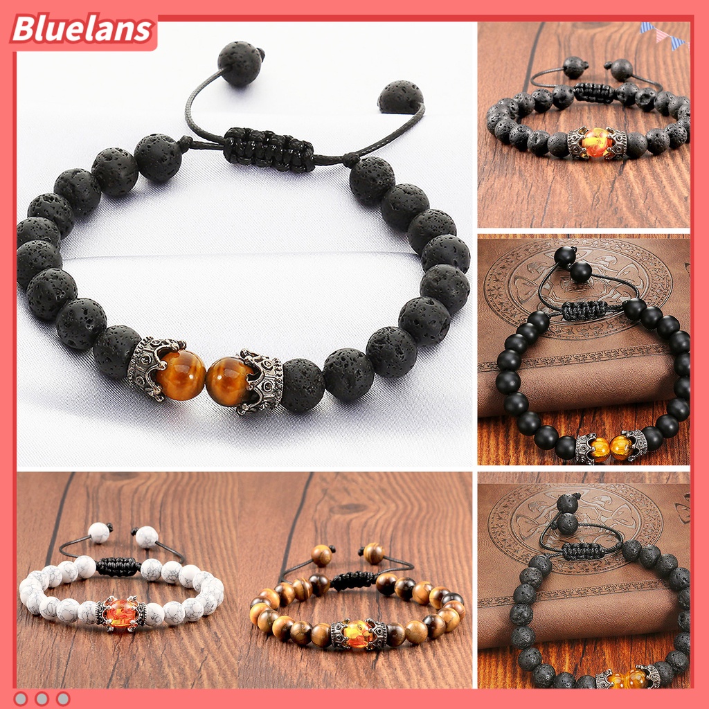[BLS] Adjustable Permukaan Halus Pria Gelang Batu Mahkota Pesona Braided Wristband Perhiasan Aksesori