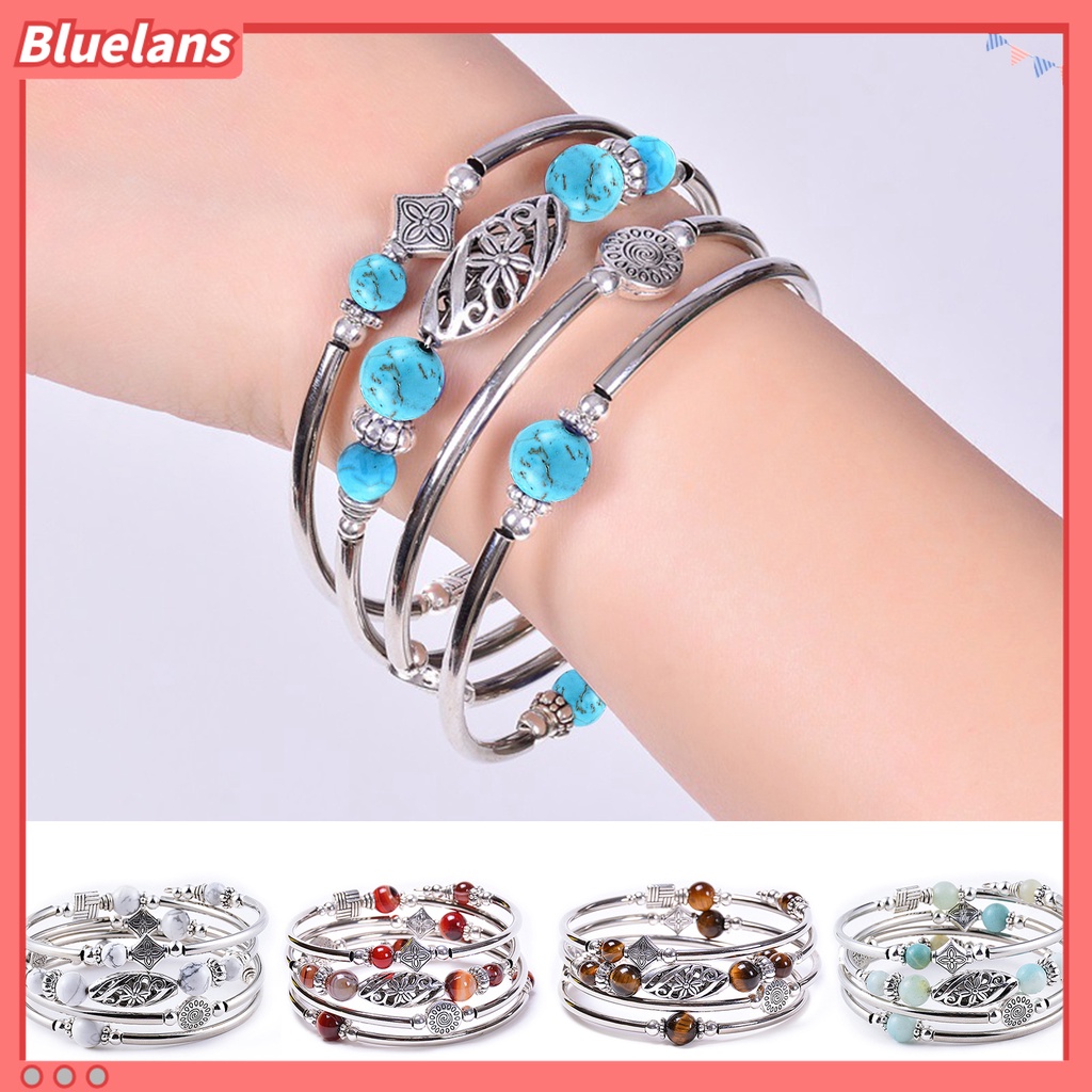 [BLS] Wanita Bangle Batu Alam Etnik Multi Layered Retro Biru Turquoise Beads Bungkus Gelang Perhiasan Aksesoris