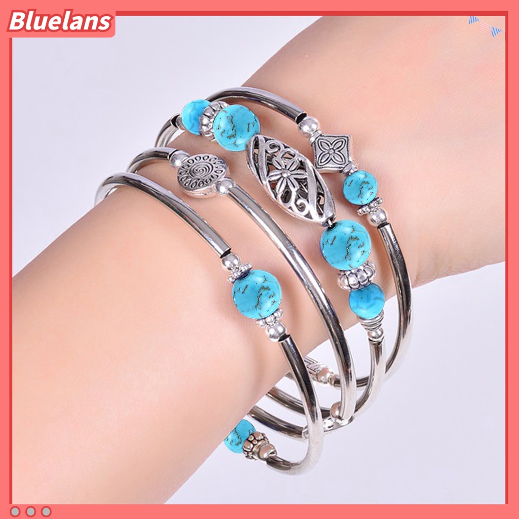 [BLS] Wanita Bangle Batu Alam Etnik Multi Layered Retro Biru Turquoise Beads Bungkus Gelang Perhiasan Aksesoris