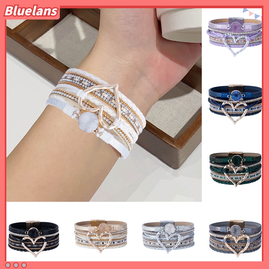[BLS] Wanita Gelang Kulit Imitasi Cinta Hati Pesona Multi-layer Bohemia Resin Batu Hadiah Dikepang Punk Gadis Manset Bangle Fashion Perhiasan