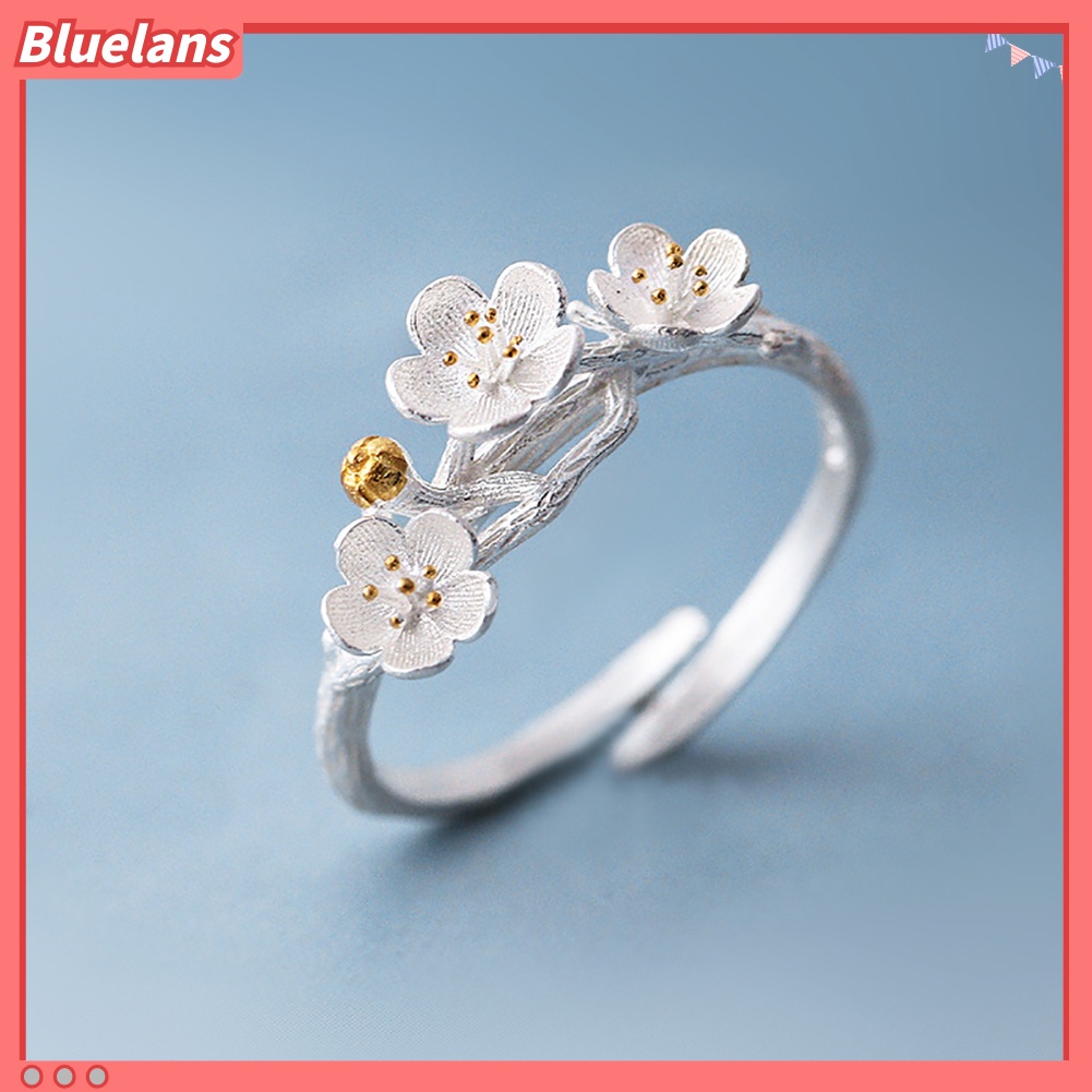 [BLS] Mode Plum Blossom Cincin Jari Terbuka Buatan Tangan Bunga Dapat Disesuaikan Perhiasan Wanita