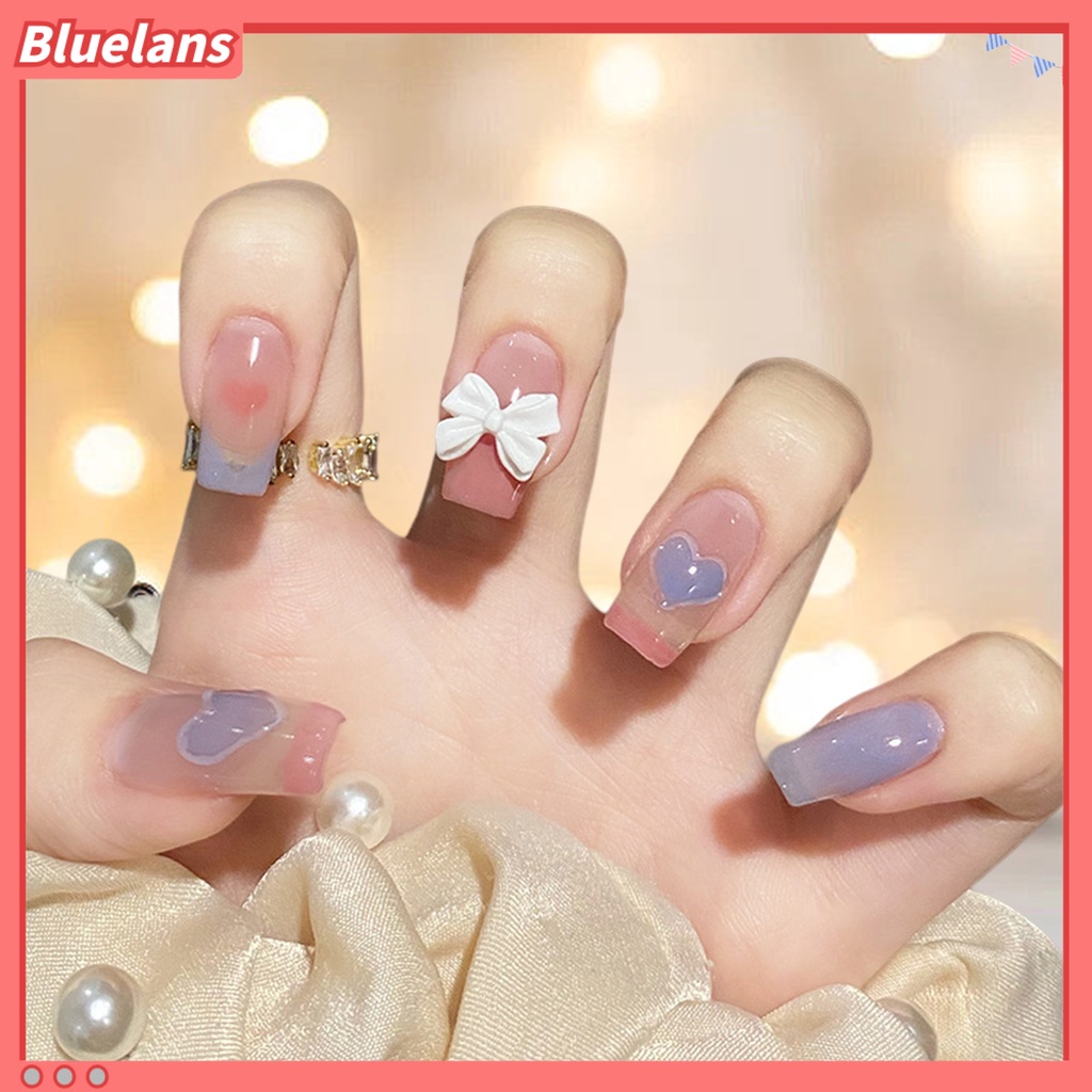 [BLM] 1set Kuku Buatan Penutup Penuh Gloss Tinggi Tahan Luntur DIY Mempesona Efek Visual Removable Bow Heart Fake Nail Dengan Lem Kuku Salon Supply