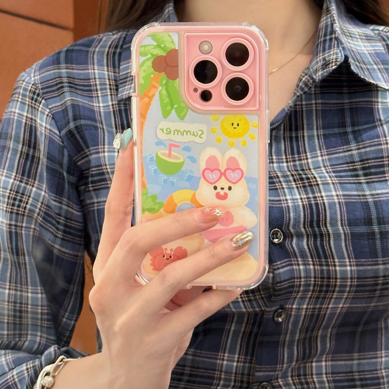 Summer Coconut Tree Bunny Soft TPU Case iP iPhone 14 + Plus 11 12 13 Pro Max 2in1 FTD Girl Woman Casing Apple