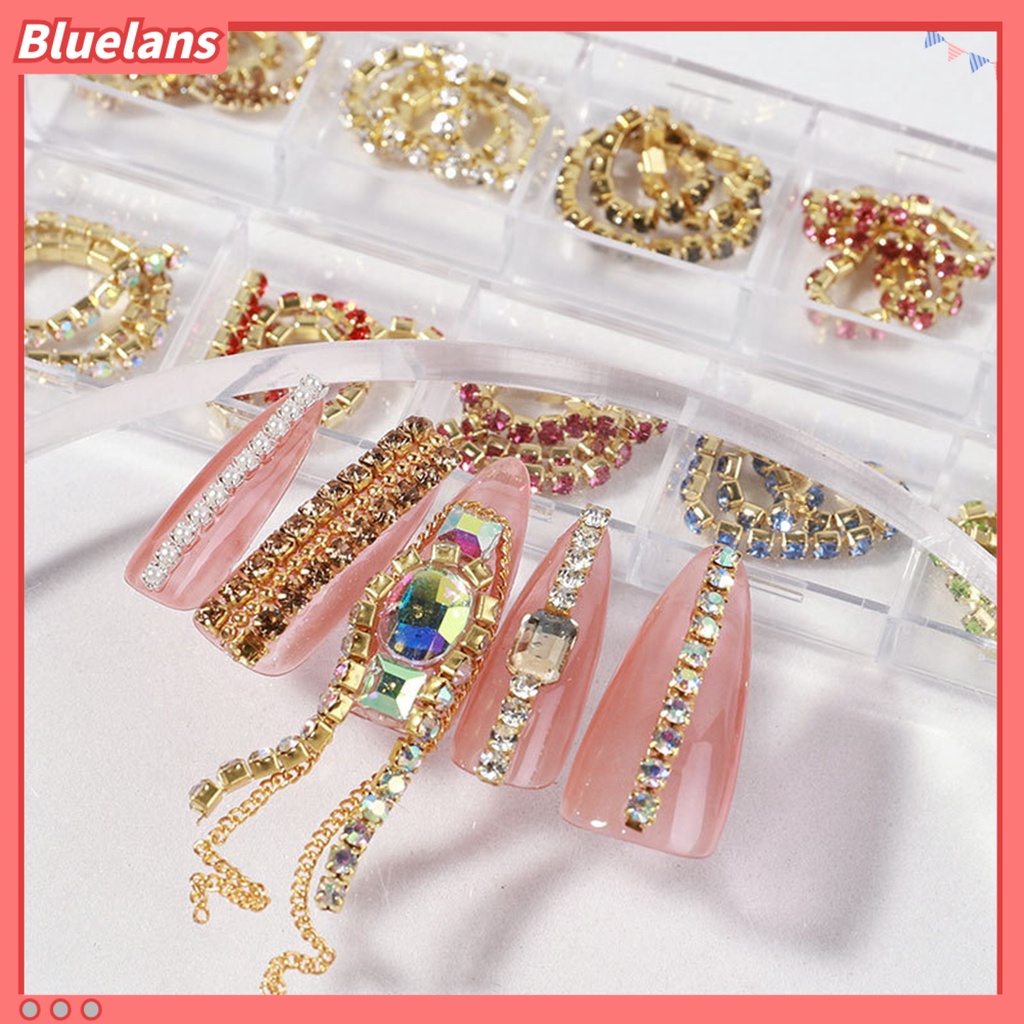 [BLM] 12pcs /Set Dekorasi Kuku Dengan Mudah Menempel DIY Rantai Kuku Metal Logam Charms Berlian Imitasi 3D Ornamen Untuk Perempuan