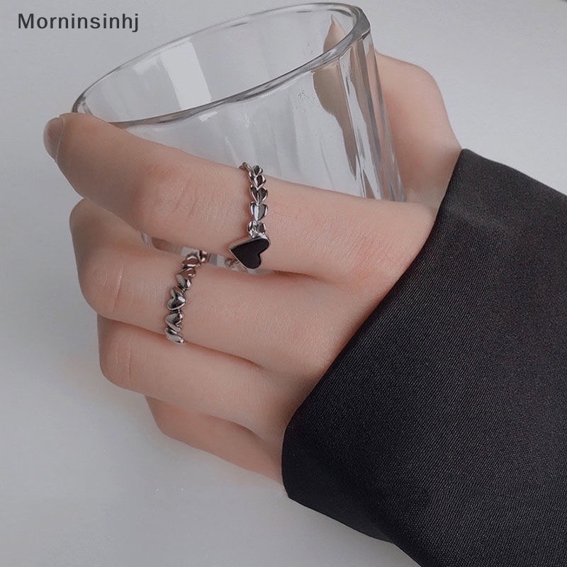 Mornin 2PCS Vintage Jantung Cincin Cinta Jari Rings Set Untuk Wanita Pasangan Kekasih Gadis Pesta Hadiah Tertekan Warna Hitam Hati Perhiasan id