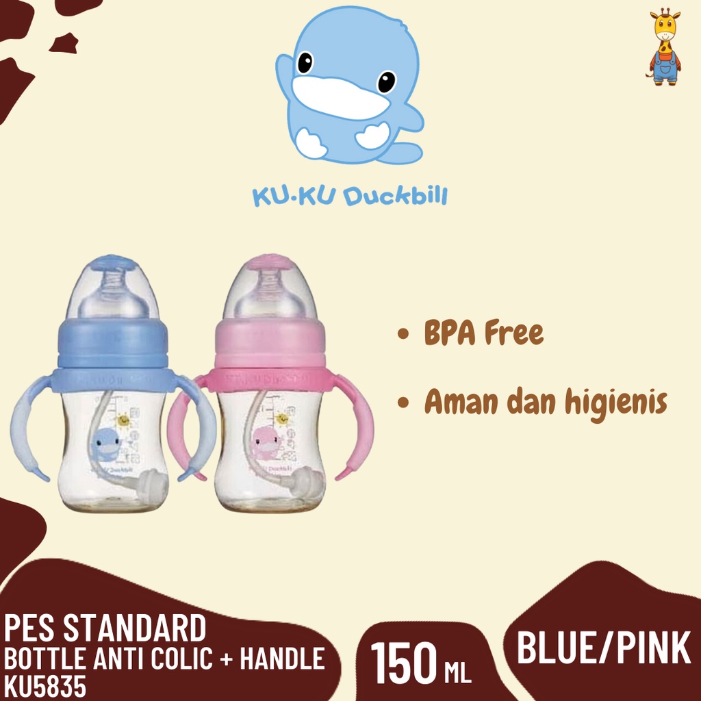 Kuku Duckbill PES Standard Bottle Anti Colic + Handle 150ml KU5835 - Botol Susu