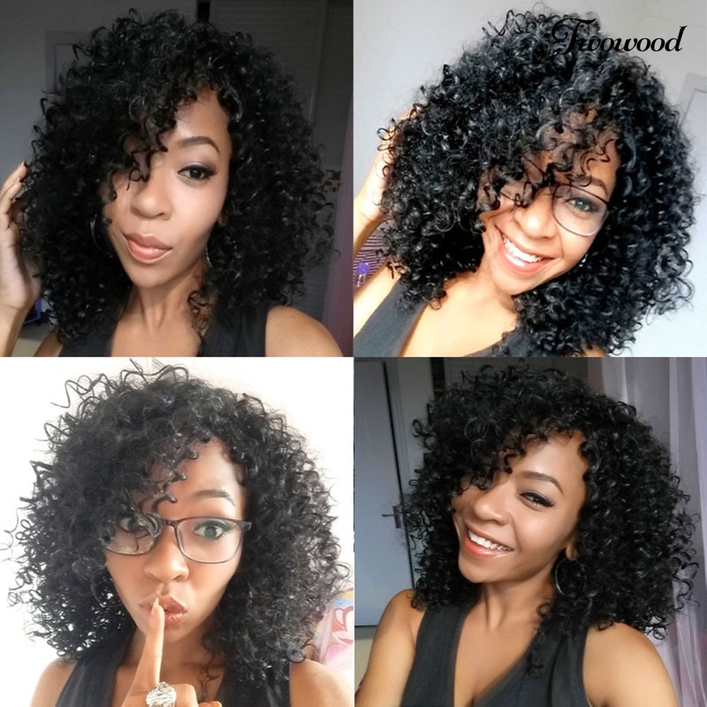 Twowood Wanita Fashion Afrika Hitam Pendek Keriting Bergelombang Rambut Tahan Panas Wig Sopak